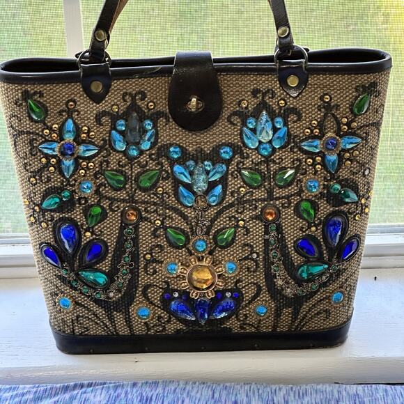 VTG 1964 Enid Collins Purse Pavan Pheasant Peacock Blue Jewels Wooden Bucket - Picture 3 of 16